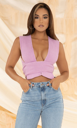 In My Dreams <br><span>Fuchsia Pink Multiway Knit Light Purple V Neck Sleeveless Tie Crop Top</span>