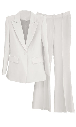 Power Position <br><span>White Long Sleeve Single Breasted Blazer Jacket High Waist Flare Leg Pant Two Piece Suit Set</span>