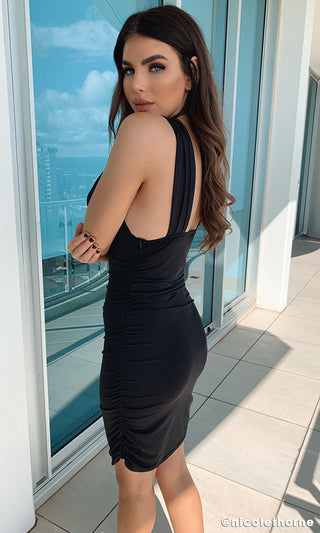 Play The Game Black Sleeveless Plunge V Neck Low Back Ruched Bodycon Mini Dress