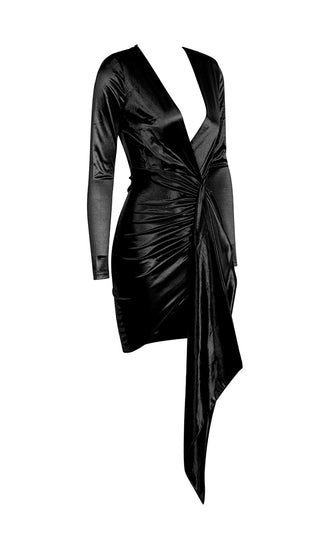 High Energy Black Satin Sash Long Sleeve Plunge V Neck Tie Waist Ruched Bodycon Mini Dress