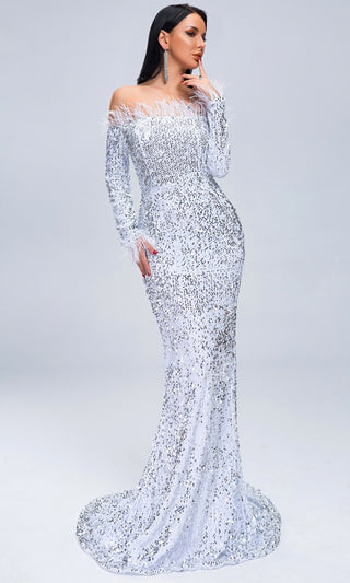 Dangerous Liaison Silver Stretchy Sequin Long Sleeve Feather Off The Shoulder Maxi Dress