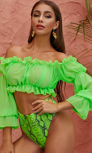 Best On The Beach <br><span> Green Chiffon Ruffle Long Sleeve Off The Shoulder Crop Top High Waist Brazilian Bikini Two Piece Swimsuit </span>