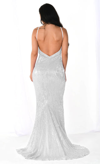 Fire and Ice Navy Blue Sequin Sleeveless Spaghetti Strap Plunge V Neck Mermaid Backless Maxi Dress Gown