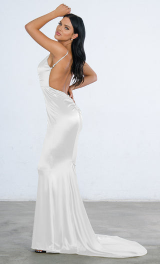 Glowing Goddess White Satin Sleeveless Spaghetti Strap Plunge V Neck Ruched Back Mermaid Maxi Dress - 4 Colors Available
