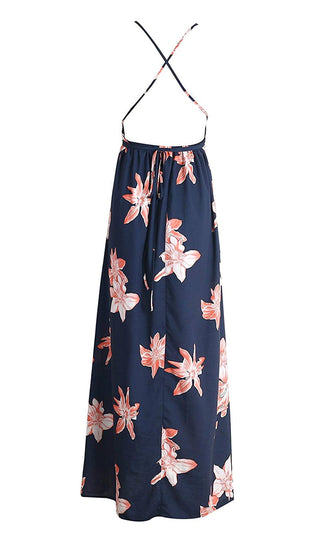 Far And Away Navy Blue Pink White Floral Sleeveless Spaghetti Strap Plunge V Neck Crisscross Back High Slit Casual Maxi Dress