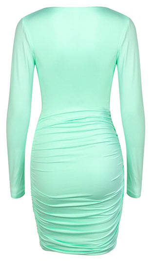 Heaven Sent Mint Green Long Sleeve Stretch Bodycon Ruched Tie Front Waist V Neck Mini Dress