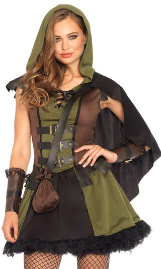 Hero And Thief <br><span>Army Green Black Brown Sleeveless V Neck Lace Up Flare A Line Mini Dress One Shoulder Hood Cape Halloween Costume</span>