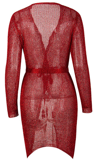 Sultry Shine Rose Gold Metallic Knit Mesh Long Sleeve Cross Wrap Plunge V Neck Wrap Belt Sweater Cardigan Mini Dress