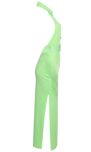 In The Limelight <br><span>Green Sleeveless Button Collar Backless Halter Side Slit Bodycon Maxi Dress</span>