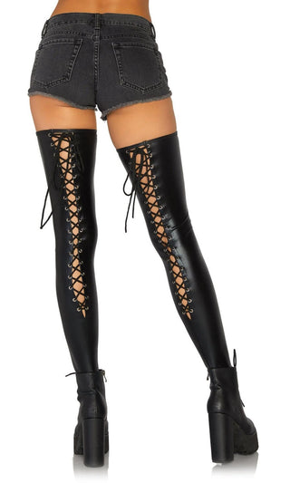 Slick And Sassy <br><span>Black Wet Look Lace Up Thigh High Tights Stockings Hosiery</span>