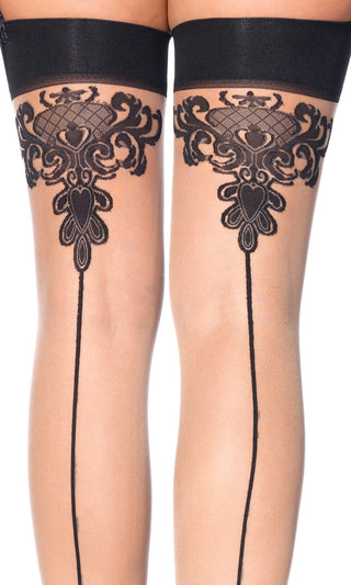 Lost For You <br><span>Nude Black Sheer Baroque Lace Cuban Heel Back Seam Thigh High Stockings Tights Hosiery</span>