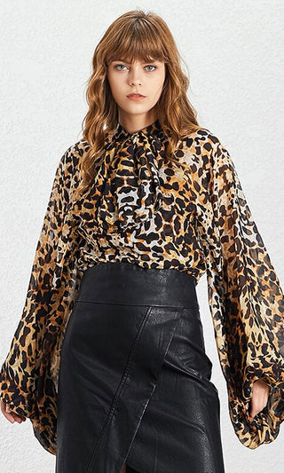 Don't Give Up<br><span> Leopard Extra Long Lantern Sleeve Sheer Chiffon Bow Neck Blouse Top</span>