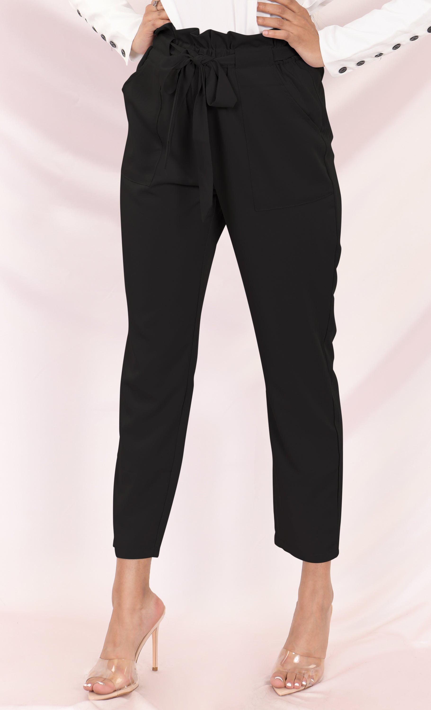 Women Solid Casual Work Trousers High Waist Ruffle Bow Tie Pants Pencil  Trousers | eBay