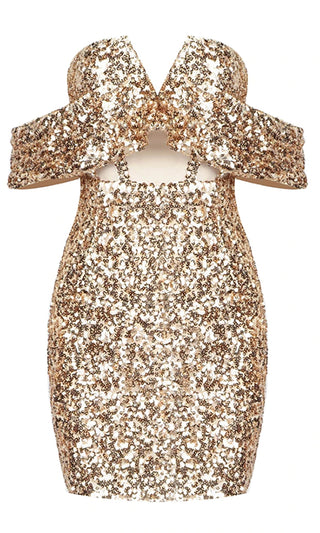 Scene Stealer <br><span>Gold Sequin Draped Cap Sleeves Off The Shoulder V Neck Cut Out Waist Bodycon Mini Dress</span>