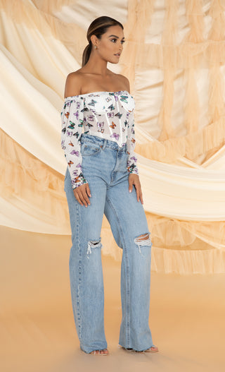 In The Air White Butterfly Pattern Long Sleeve Off The Shoulder Bustier Crop Top Blouse
