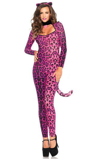Pussycat Doll <br><span>Pink Leopard Print Animal Pattern Long Sleeve V Neck Bodycon Jumpsuit Halloween Costume</span>