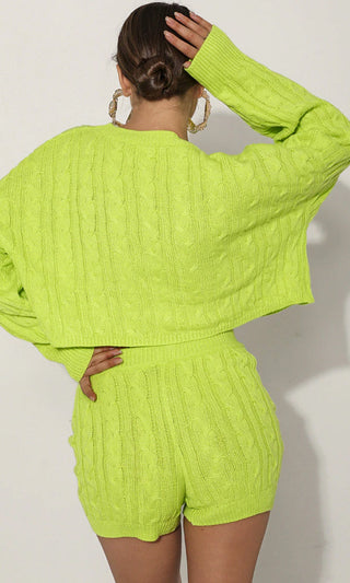 Bust A Move <br><span>Neon Green Long Sleeve Crew Neck Crop Top Pullover Sweater And Shorts Two Piece Lounge Romper Set</span>
