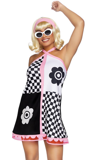 Go Go Sweetie <br><span>Black White Pink Flower Checkerboard Pattern Sleeveless V Neck Halter Mini Shift Dress Halloween Costume</span>
