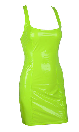 Turn Up Tonight Neon Green PU Patent Faux Leather Sleeveless Scoop Neck Racerback Bodycon Mini Dress