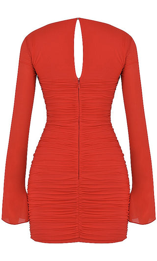 Girl On Fire <br><span>Red Long Sleeve Ruched Sweetheart Neck Cut Out Bodycon Mini Dress</span>