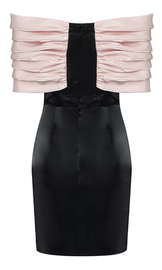 Acting Sweet <br><span> White Pleated Bow Off the Shoulder Strapless Black Contrasting Bodycon Mini Dress</span>