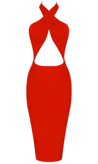 Stealing The Spotlight Red Sleeveless Wrap Halter Neck Cut Out Waist Backless Bodycon Midi Dress