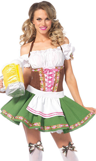 German Beer Babe <br><span>White Brown Green Short Sleeve Off The Shoulder Lace Up Flare A Line Mini Dress Halloween Costume</span>