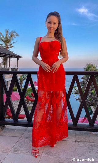 Forbidden Romance Red Sequin Sheer Mesh Lace Sleeveless Cage Bustier A Line Bandage Maxi Dress