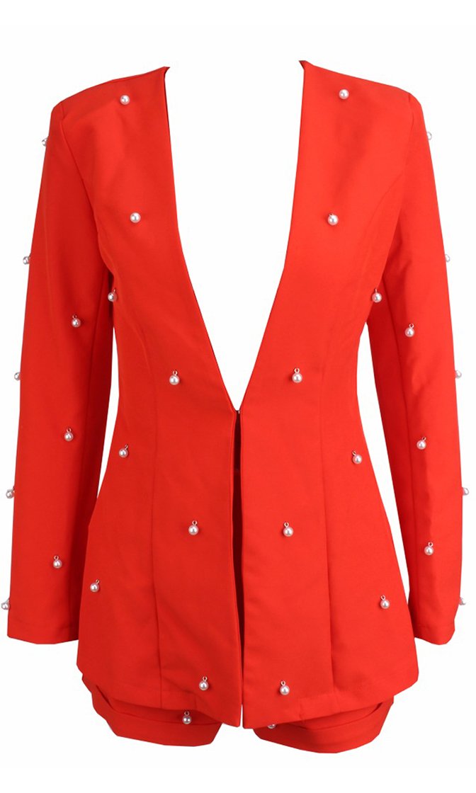 Pearly Perfection Red Long Sleeve Faux Pearl Blazer Romper Short Two P ...