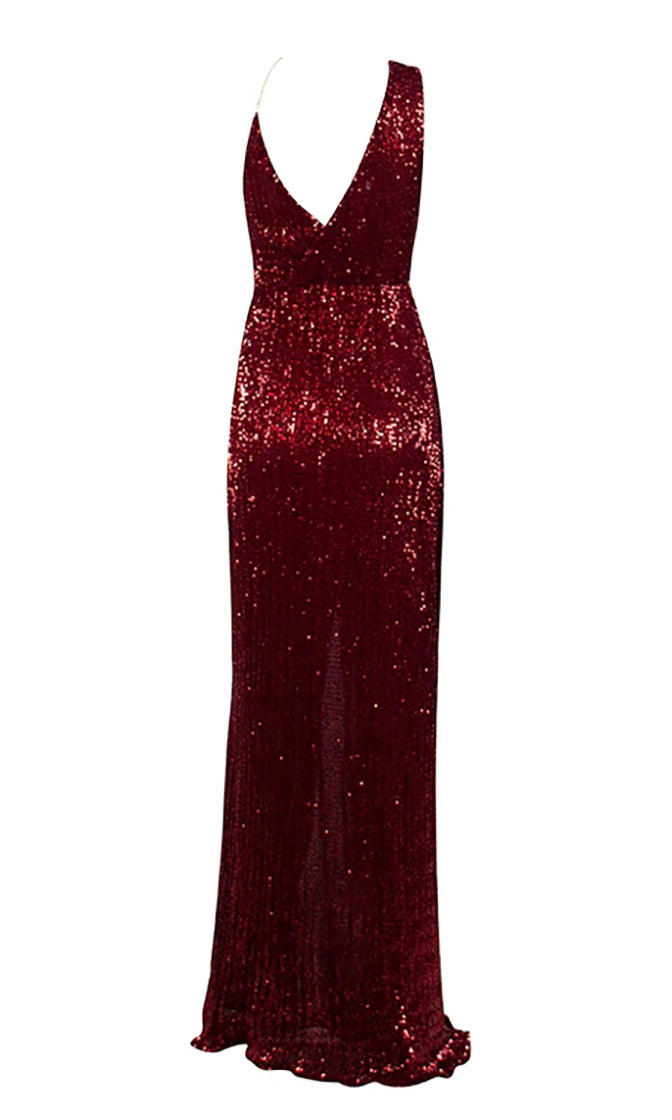 Pretty Woman Burgundy Sequin Sleeveless Chain Cross Wrap V Neck Drape ...