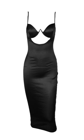 Stand Up Black Satin Sleeveless Spaghetti Strap V Neck Cut Out Waist Bodycon Midi Dress