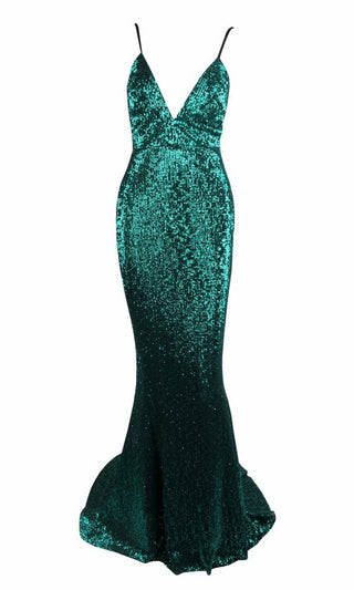 Green Light Emerald Sequin Sleeveless Spaghetti Strap Plunge V Neck Backless Mermaid Gown Maxi Dress