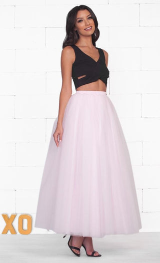 Do A Twirl 7 Layer Light Baby Pink Pleated Elastic Waist Swiss Tulle Ball Gown Maxi Skirt