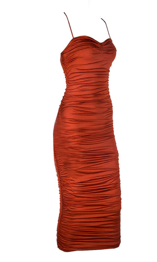 Bring It Back Orange Spice Sleeveless Spaghetti Strap Sweetheart Neck Ruched Bodycon Maxi Dress