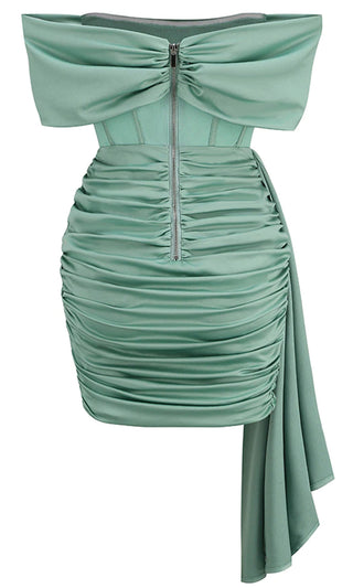 Live In The Moment Green Velvet Sheer Mesh Bustier Draped Cap Sleeve Scoop Neck Ruched Bodycon Mini Dress