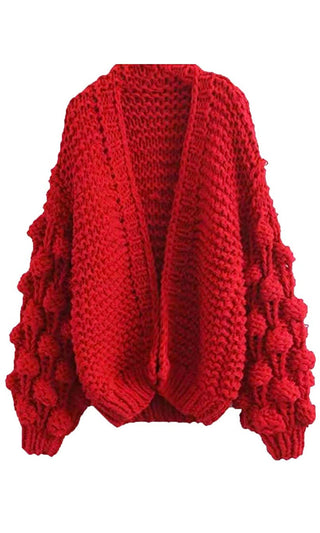Desert Bound Gray Pom Pom Bubble Long Lantern Sleeve Chunky Knit Oversized Open Cardigan Outerwear Sweater