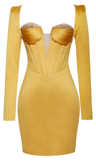 Straight To The Heart<br><span> Yellow Long Sleeve Sequin Trim Bustier Plunge V Neck Cut Out Back Bodycon Mini Dress</span>