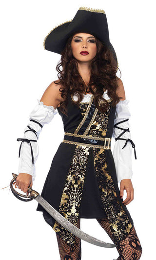 Stealing Treasure <br><span>Black Gold Sleeveless Detachable Sleeve Ruffle Brocade Mini Dress Halloween Costume</span>