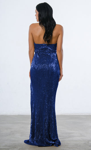 Show Me Some Love<br><span> Blue Sequin Strapless Sweetheart Neck High Slit Fishtail Maxi Dress</span>