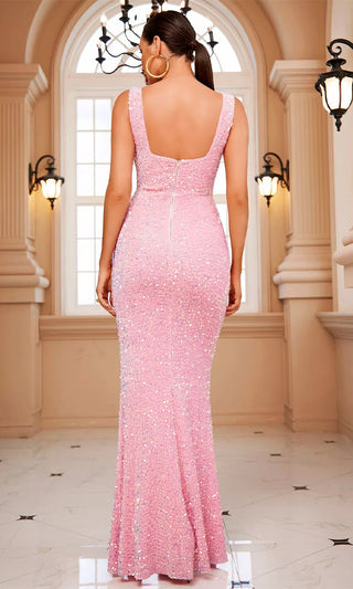 My Finest Hour Pink Sequin Sleeveless Square Neck Front Slit Maxi Dress