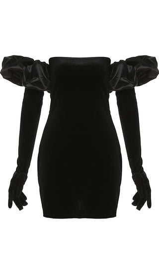 All Puffed Up Pink Black Velvet Strapless Straight Neck Long Sleeve Gloves Contrast Puffs Bodycon Mini Ddress