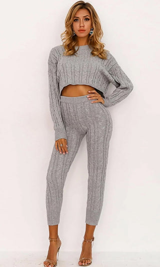 All Warmed Up Gray Lounge Long Sleeve Cable Boat Neck Crop Pullover Sweater Drawstring Legging Two Piece Jumpsuit