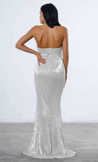 Show Me Some Love <br><span>Silver Sequin Strapless Sweetheart Neck High Slit Fishtail Maxi Dress</span>