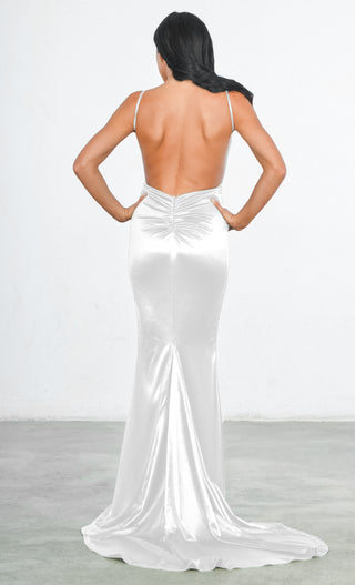 Glowing Goddess White Satin Sleeveless Spaghetti Strap Plunge V Neck Ruched Back Mermaid Maxi Dress - 4 Colors Available