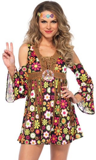 Hippie Dreams <br><span>Brown Floral Pattern Long Bell Sleeve Cold Shoulder Lace Up V Neck Fringe Shift Mini Dress Halloween Costume</span>