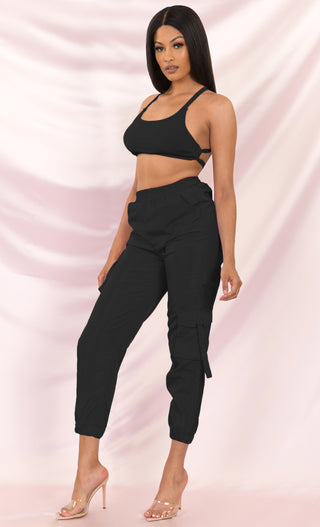 Bust A Move Candy Pink Two Piece Cargo Pants Crop Open Tie Back Top Jumpsuit Set