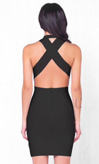 She's A Catch Sleeveless Black Plunging Deep V Neck Cross Back Body Con Bandage Fitted Mini Dress