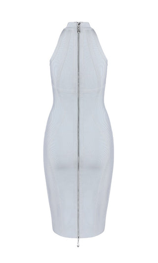So Polished White Contrast Seams Sleeveless Halter Mock Neck Back Zipper Bodycon Bandage Midi Dress