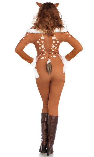 Doe A Deer <br><span>Brown White Long Sleeve Faux Fur Off The Shoulder Bodycon Jumpsuit Halloween Costume</span>