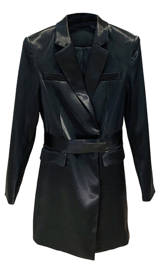 In A Blaze <br><span>Black Satin Long Sleeve Collar Belted Blazer Mini Dress</span